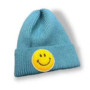 nwot Smiley Face Beanie | Teal Ribbed Knit | OS